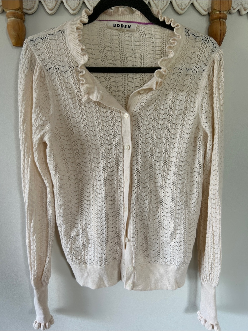 Boden Pointelle Frill Cardigan in Cream -cottagecore -ruffle - feminine - size M - Picture 2 of 7